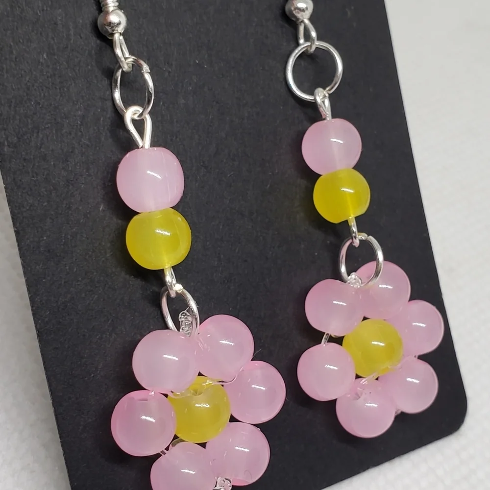 Handmade Pink Yellow Beaded Glass Flower Earrings